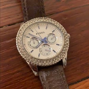 Gray Silver “Distressed” Leather Fossil Watch